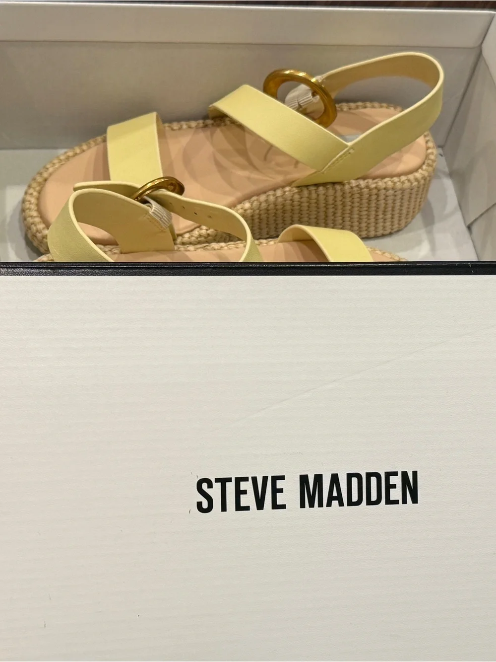 Steve Madden Pale Yellow Espadrille Wedge Sandal with Gold Buckle